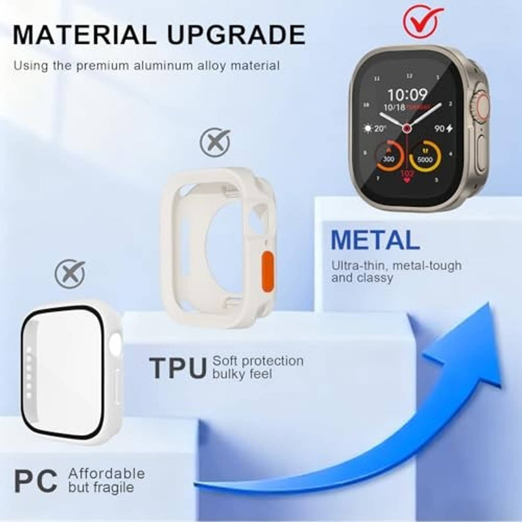 Natural titanium metal watch case with clear screen protector and orange side button