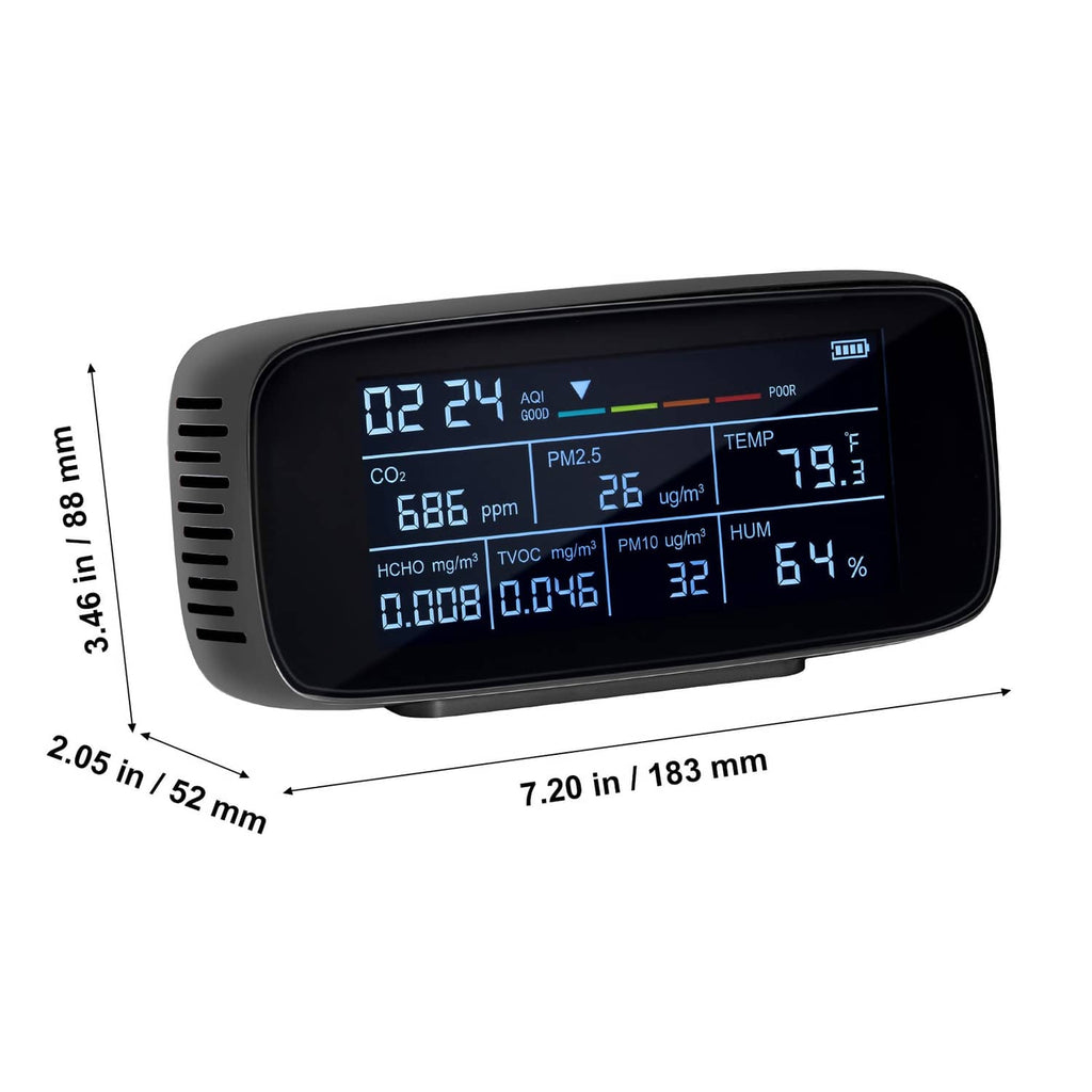 Compact air quality monitor with blue LCD screen and side dimension markers