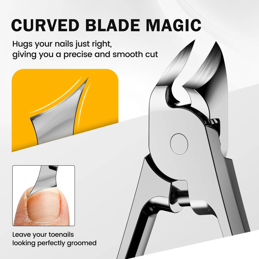 Silver toenail clipper with curved blade, close-up cutting head for smooth trims