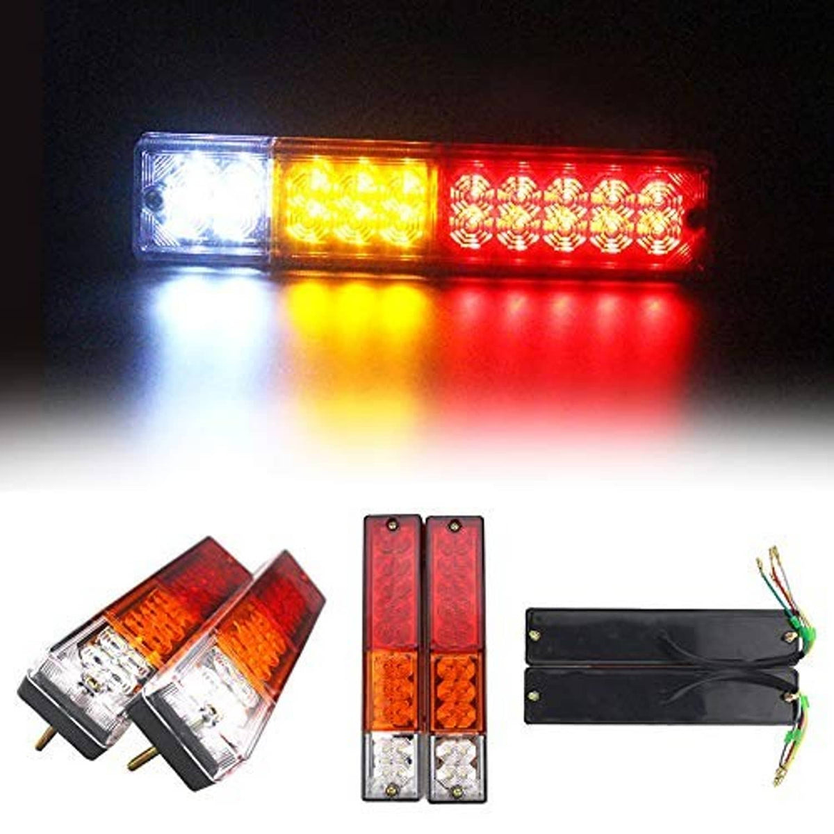 LED trailer tail light bar with white, amber, and red LED sections, plus matching light units.