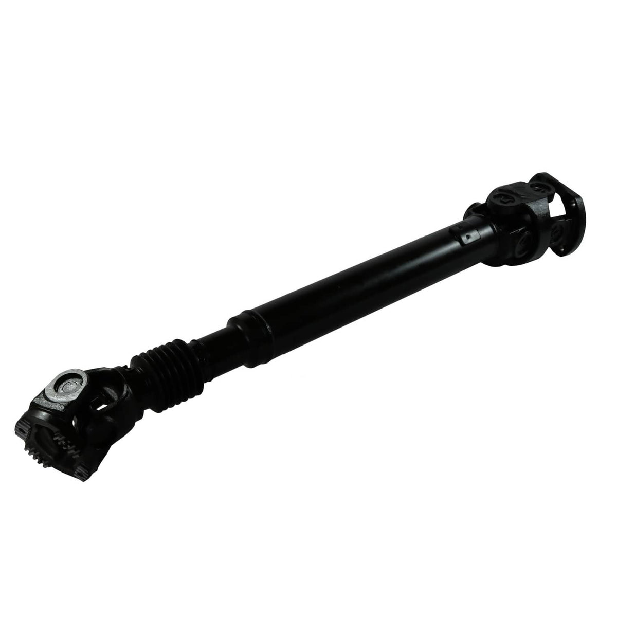 Front drive shaft, black metal tube with splined end and u-joint yoke