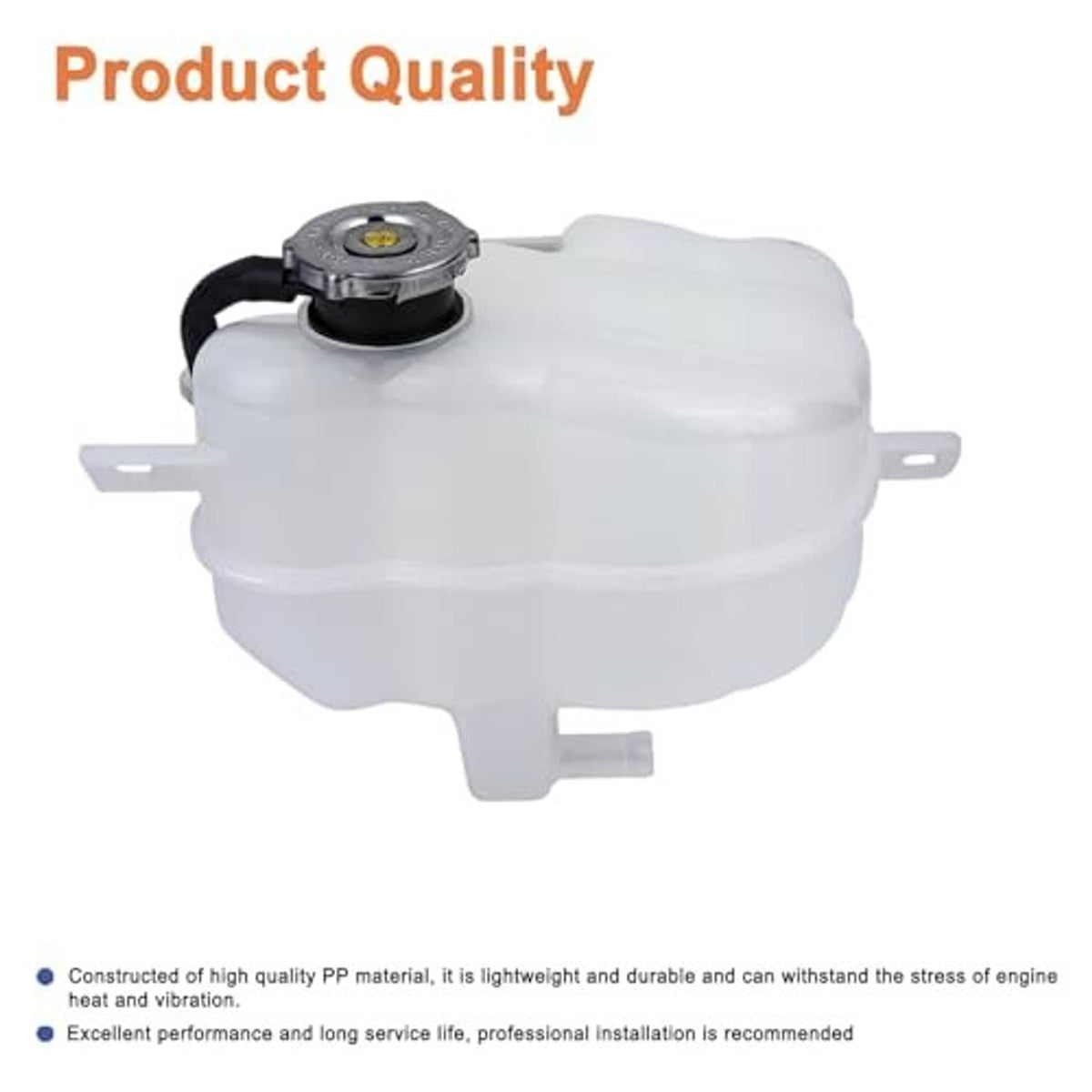Engine coolant reservoir tank with installed black cap and hose, white translucent body