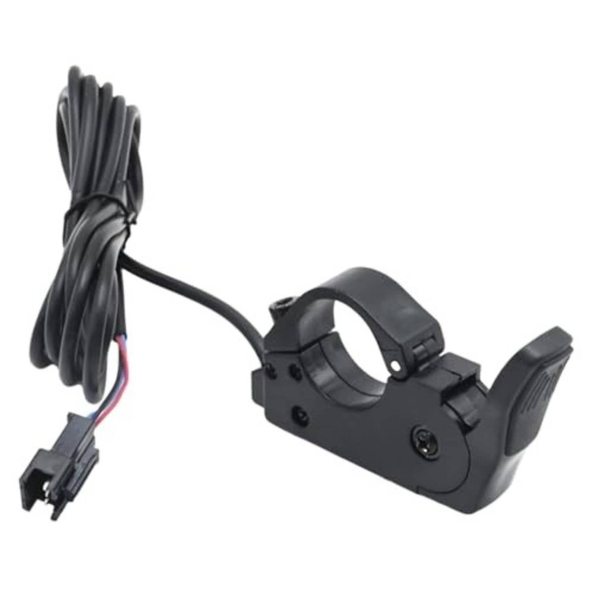 Black thumb throttle with clamp mount, cable, and multi-wire connector