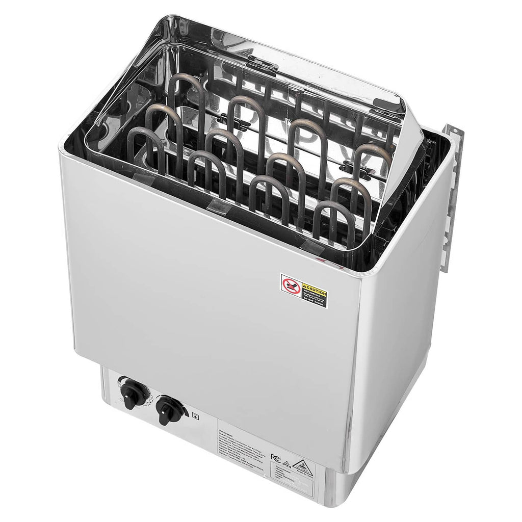 Stainless steel electric sauna heater with open top rock chamber and front control knobs