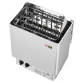 Stainless steel electric sauna heater with open top rock chamber and front control knobs