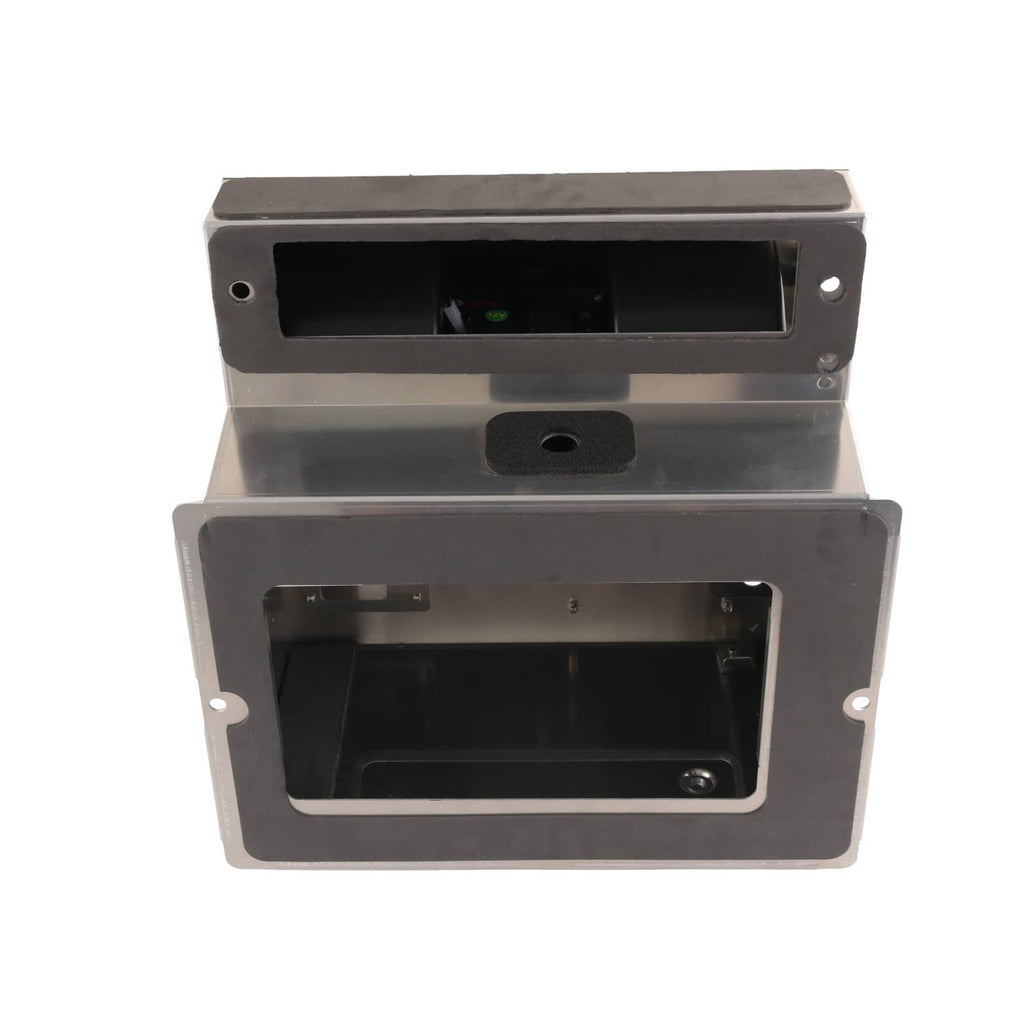 Aluminum heater AC box housing with open front panel and black interior
