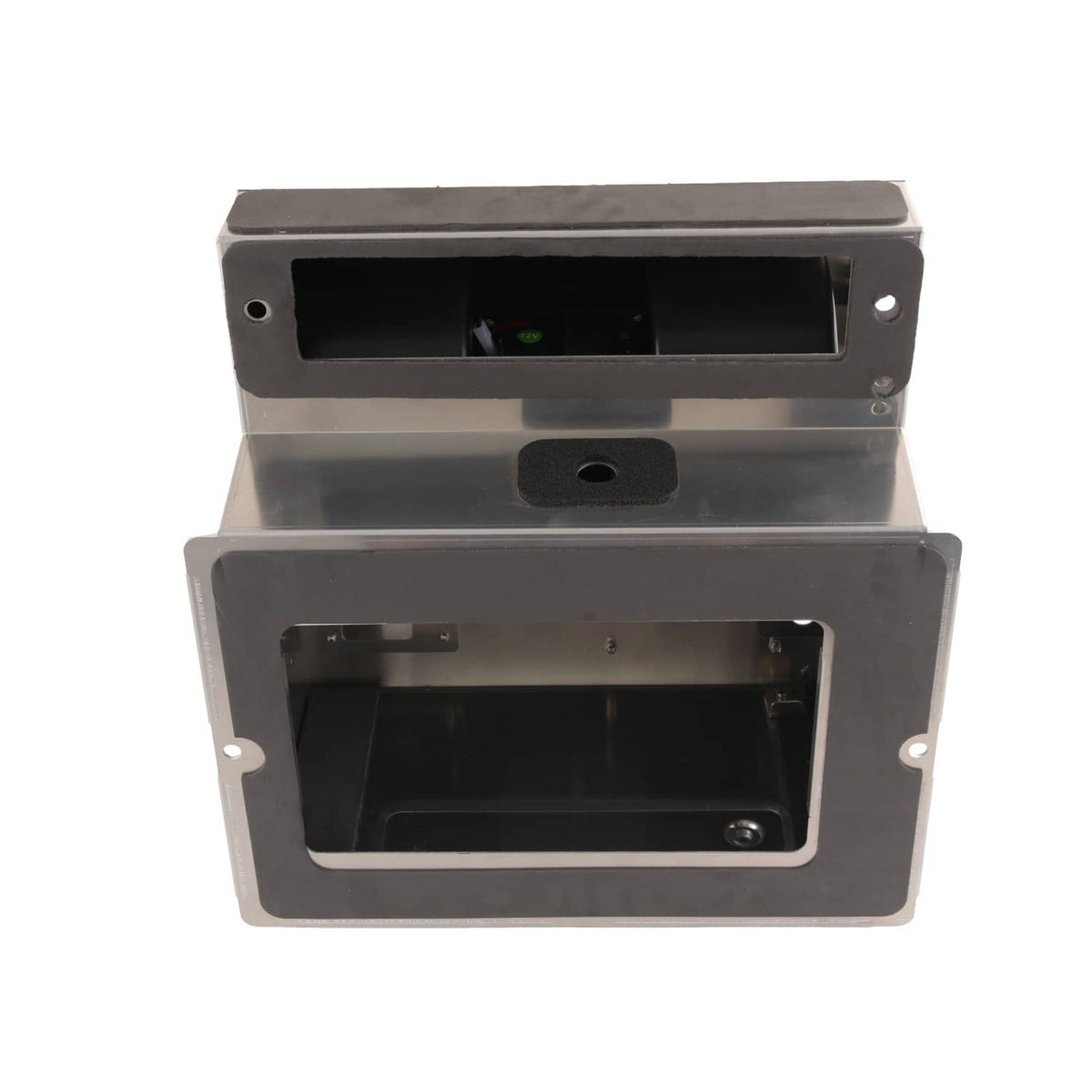 Aluminum heater AC box housing with open front panel and black interior