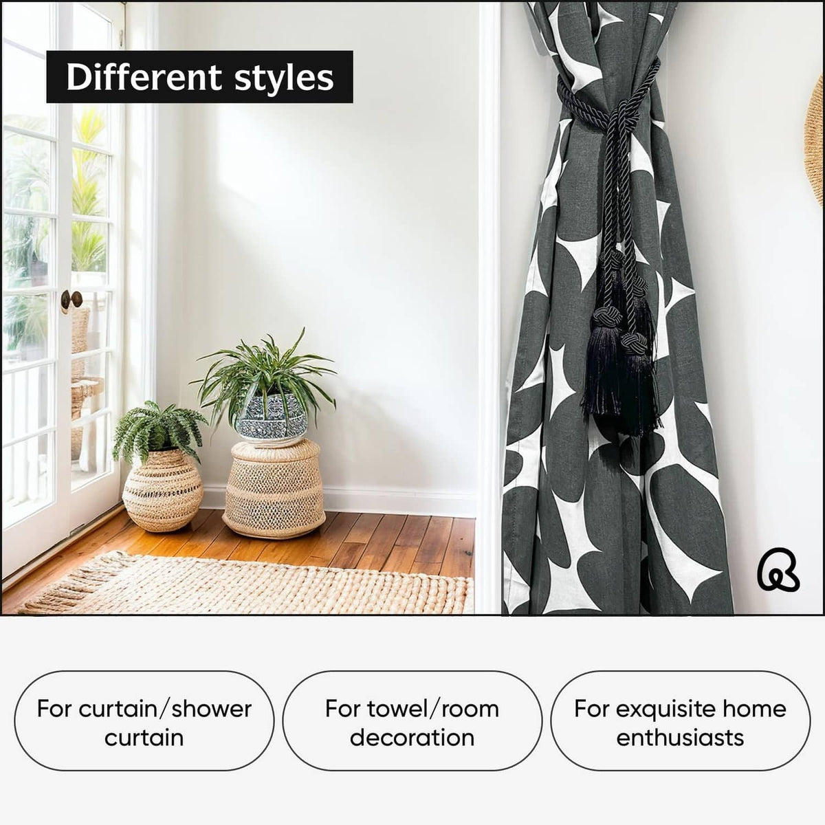 Black tassel curtain tieback securing folded curtain with knotted braided cords