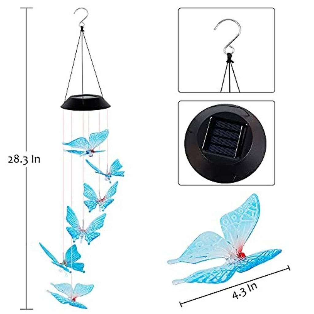 Solar LED butterfly wind chime diagram: black cap, hanging rods, blue glowing butterflies