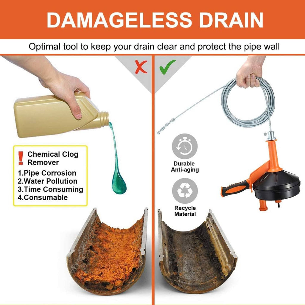 Drain auger with flexible cable and orange drum for clearing clogs without damaging pipes.