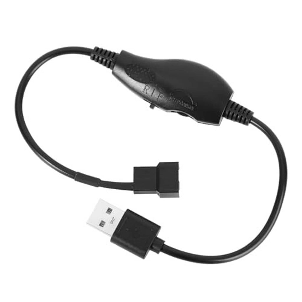 USB plug with inline black speed controller and 4-pin fan connector