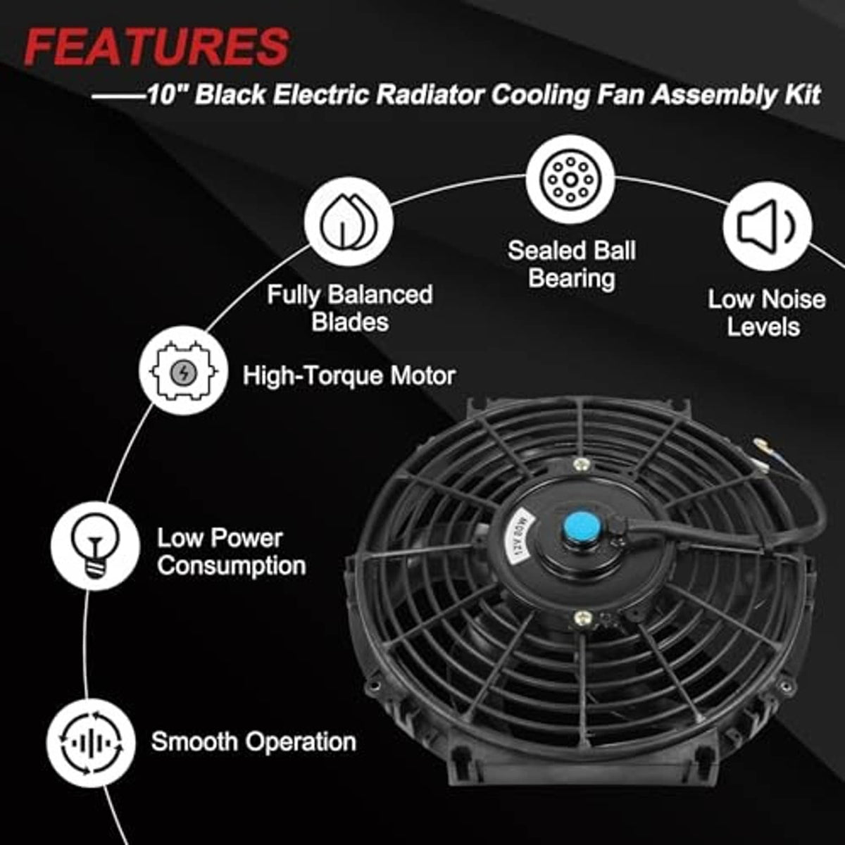 Black electric radiator cooling fan assembly with blue center cap and protective grille