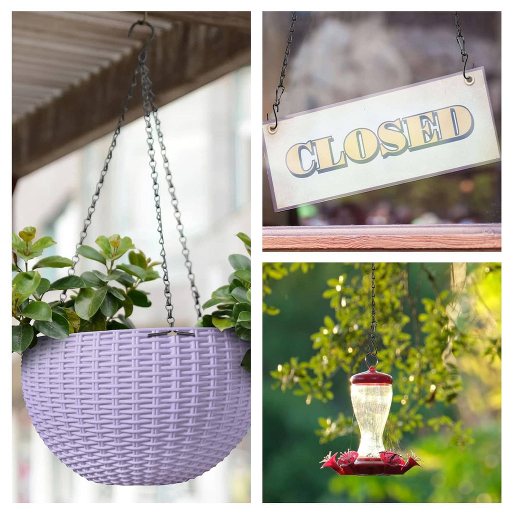 Black hanging chains with S hooks holding a plant pot and hanging planter