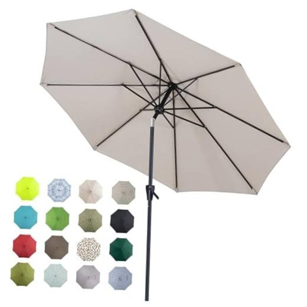 Beige patio table umbrella with black ribbed canopy and central pole