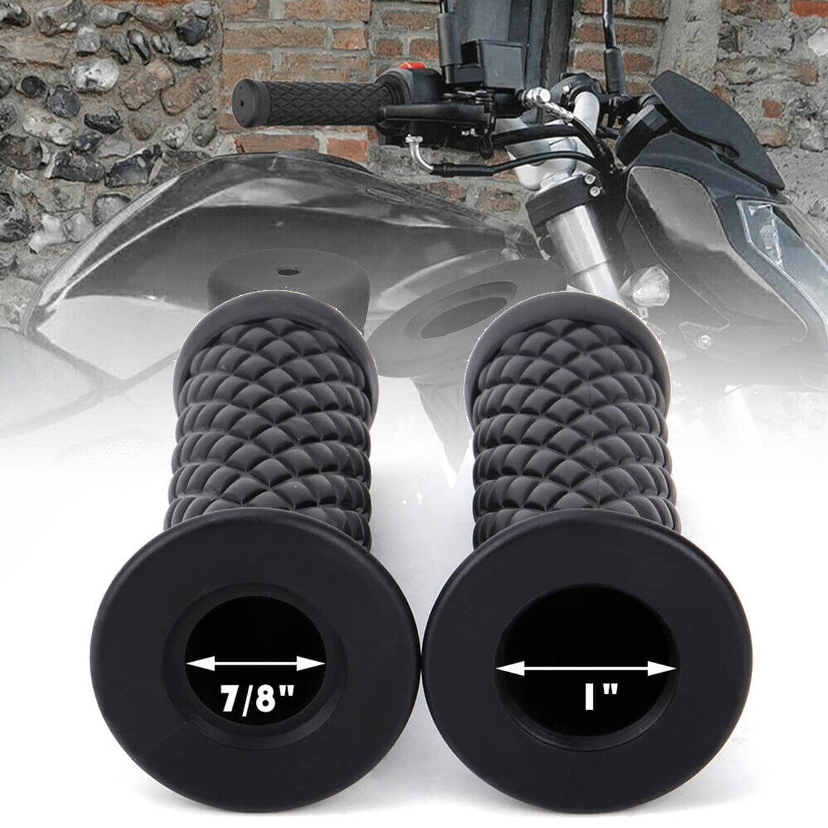 Motorcycle handlebar grips with bar-end caps, textured black diamond pattern, 7/8 in.