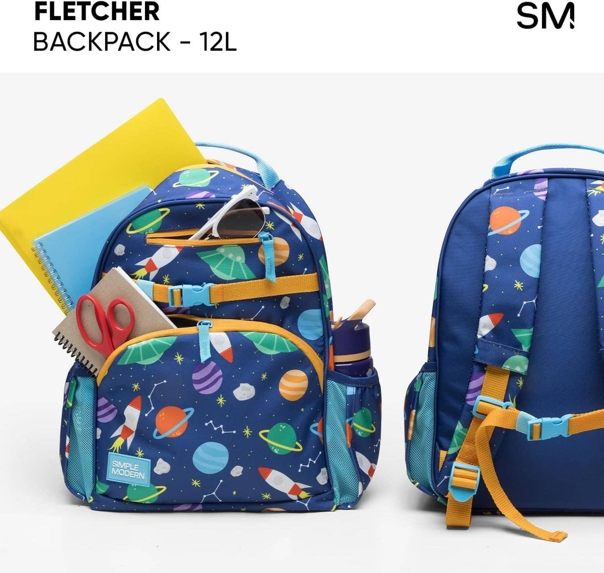 Kids backpacks with space-themed print and adjustable shoulder and chest straps
