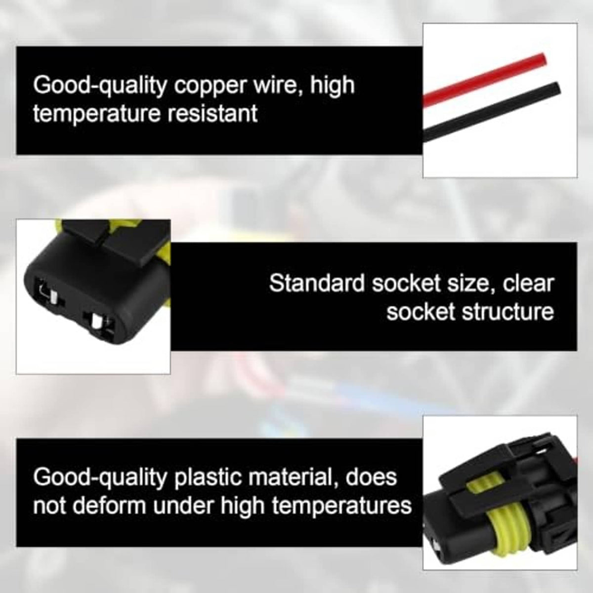 Headlight wiring harness pigtail sockets with copper wire leads, black housings and red/black wiring