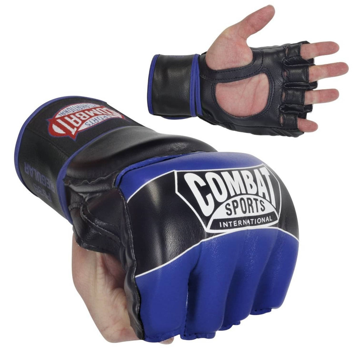 Youth boxing gloves, black with blue palm and wrist strap, open-finger padded protection