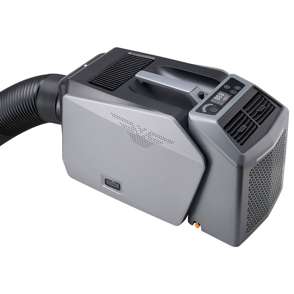 Portable air conditioner with gray housing, control panel on top and hose connection
