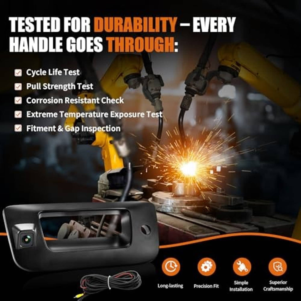 Tailgate handle backup camera graphic highlighting durability and long-lasting fit