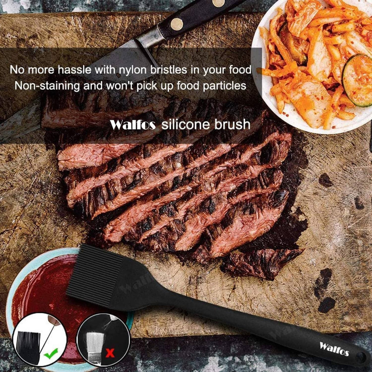 Black silicone basting brush on food board, non-stick bristles icon labels