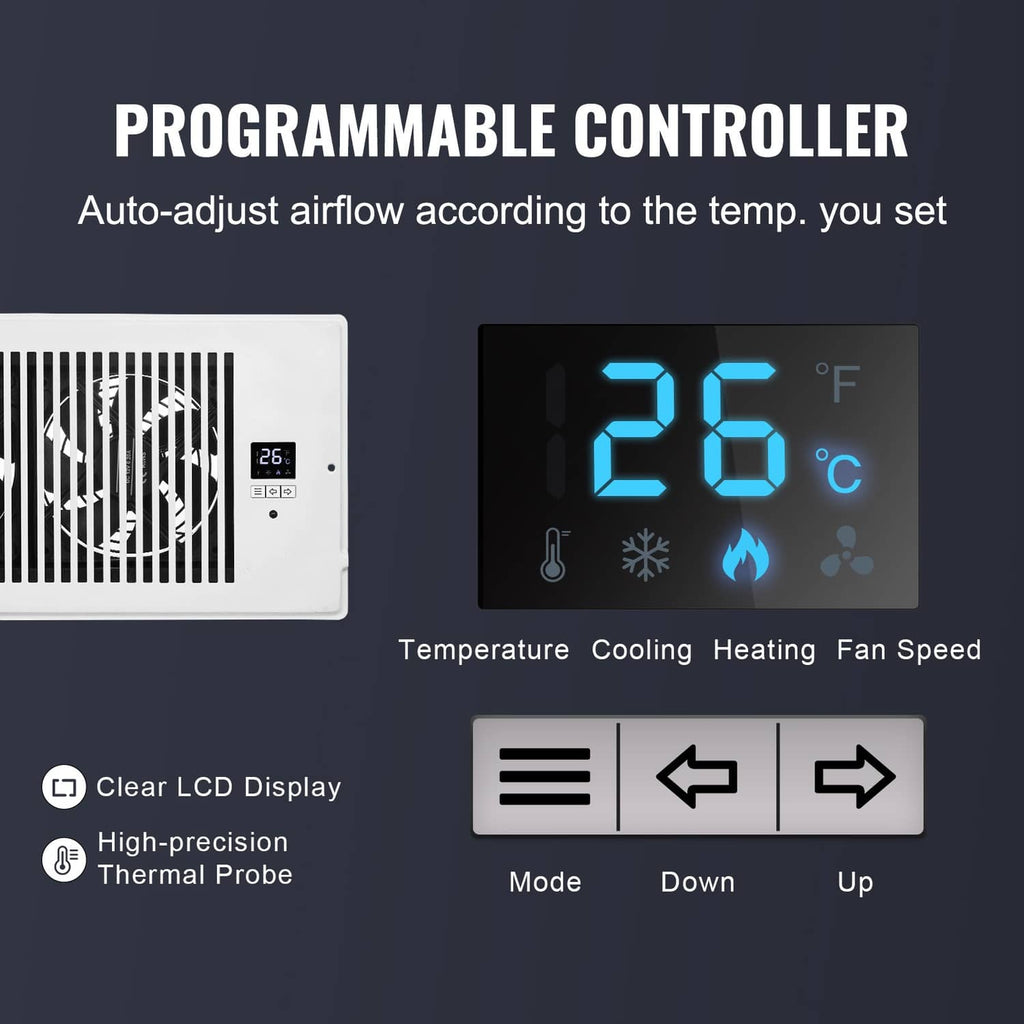 White wall register booster fan with LCD panel and icons for cooling, heating, and fan speed