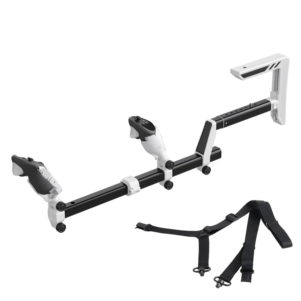 White VR gunstock with black rail and controller grips, plus black sling strap
