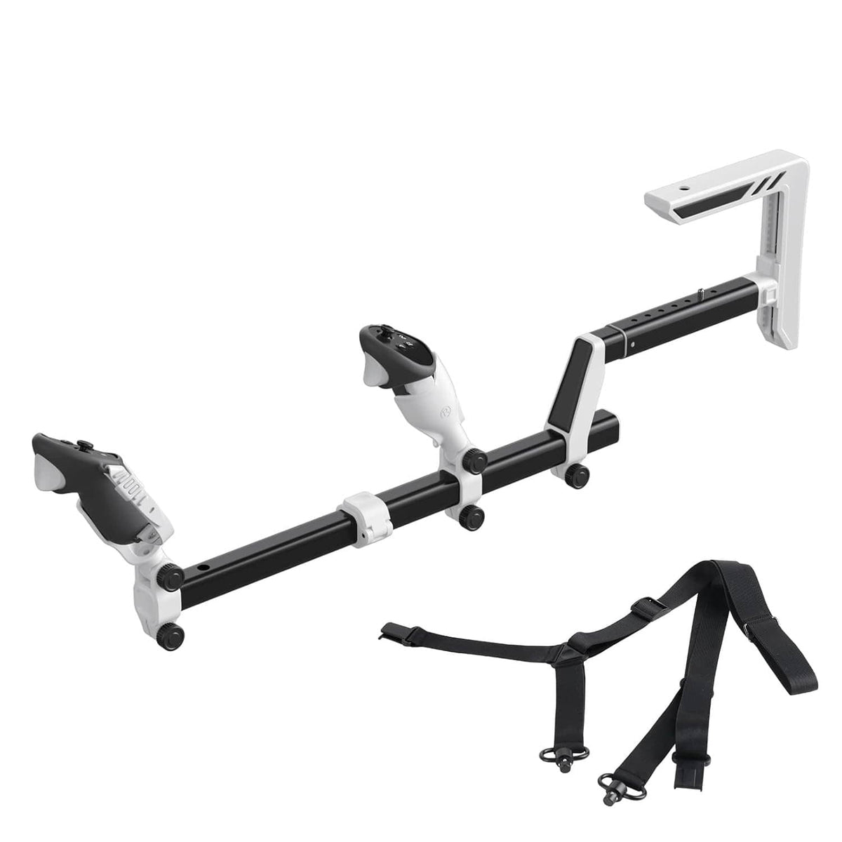 White VR gunstock with black rail and controller grips, plus black sling strap