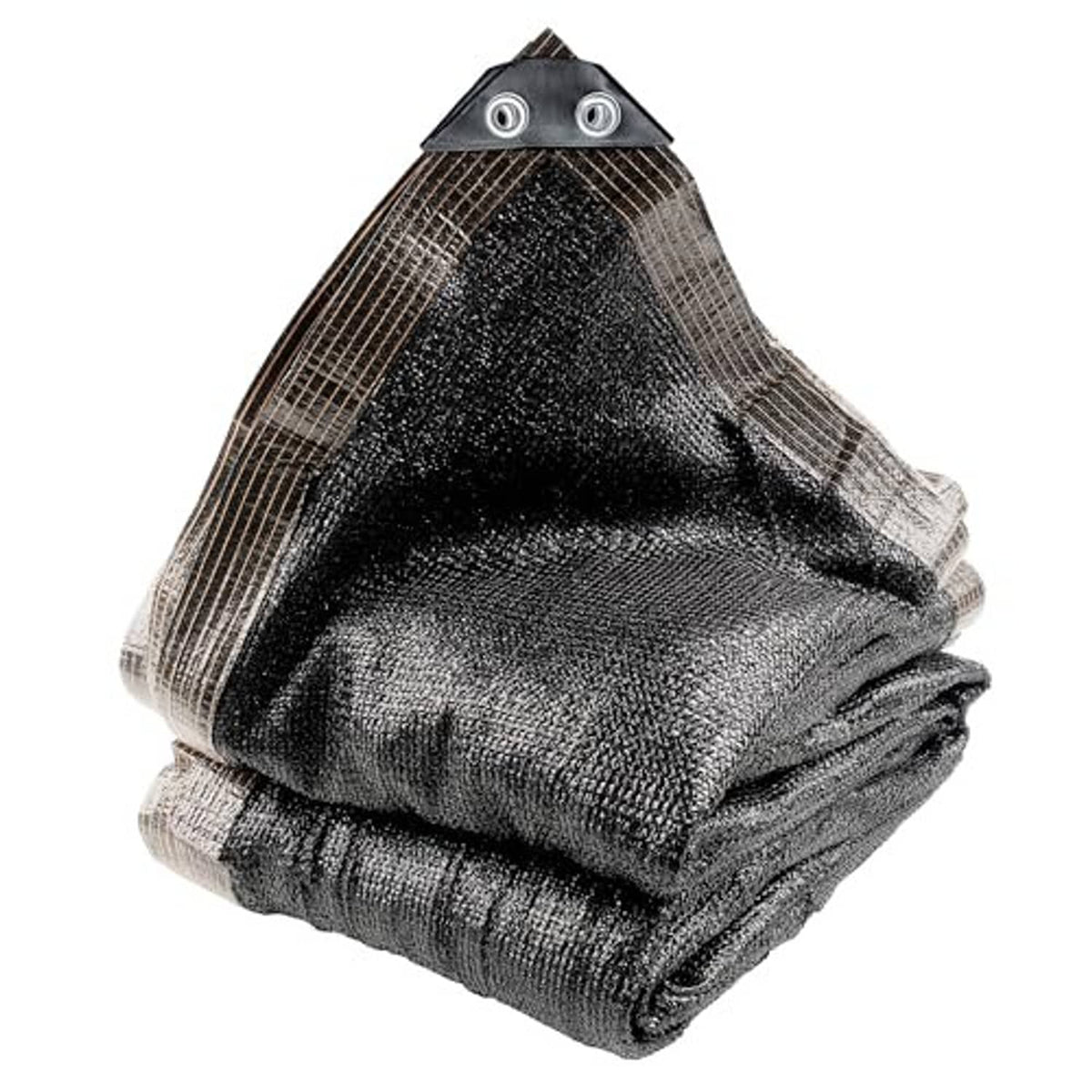 Black woven sun shade cloth folded, showing corner grommets and stitched edging
