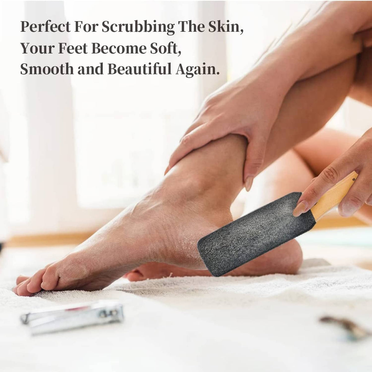 Foot file for scrubbing: dark pad on wooden handle, smoothing feet.