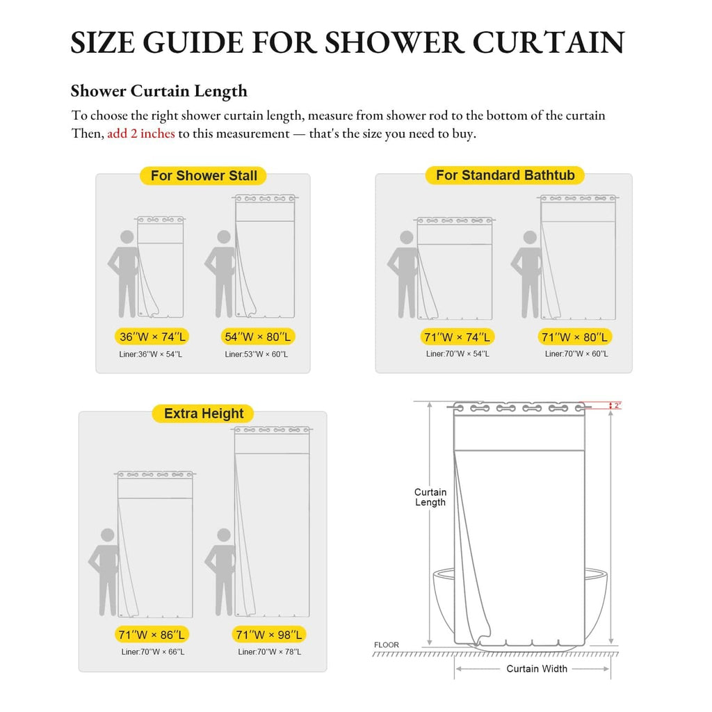 Size guide for shower curtain length and width, including 71" x 80"