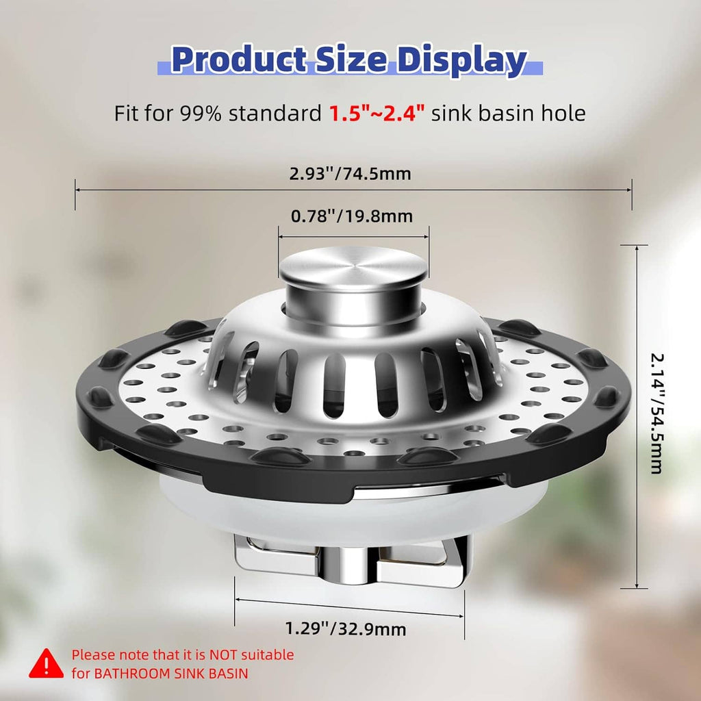 Stainless steel bathtub drain stopper size view with black perforated hair-catching basket