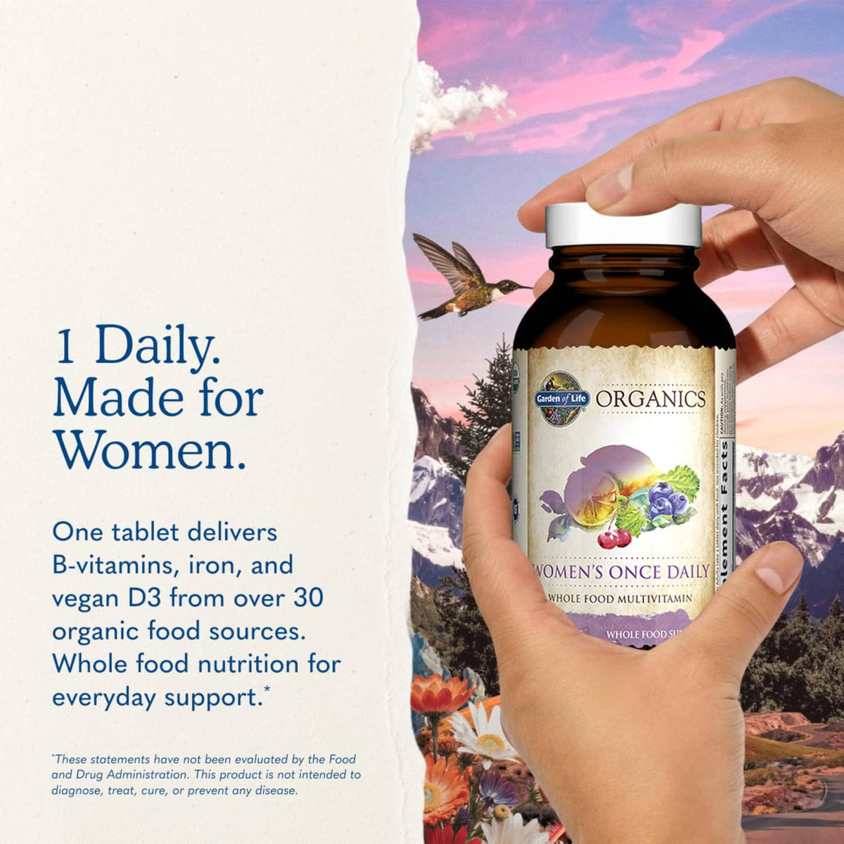 Women's multivitamin bottle held in hand with white cap