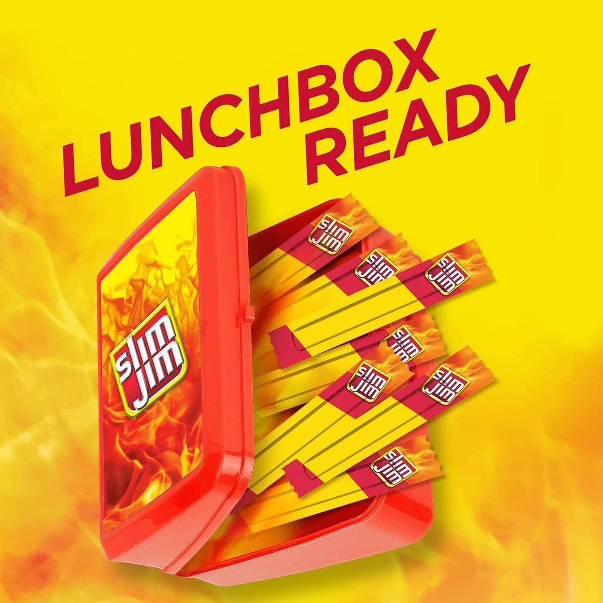 Slim Jim Original smoked meat sticks spilling from open lunchbox, yellow wrappers with red ends