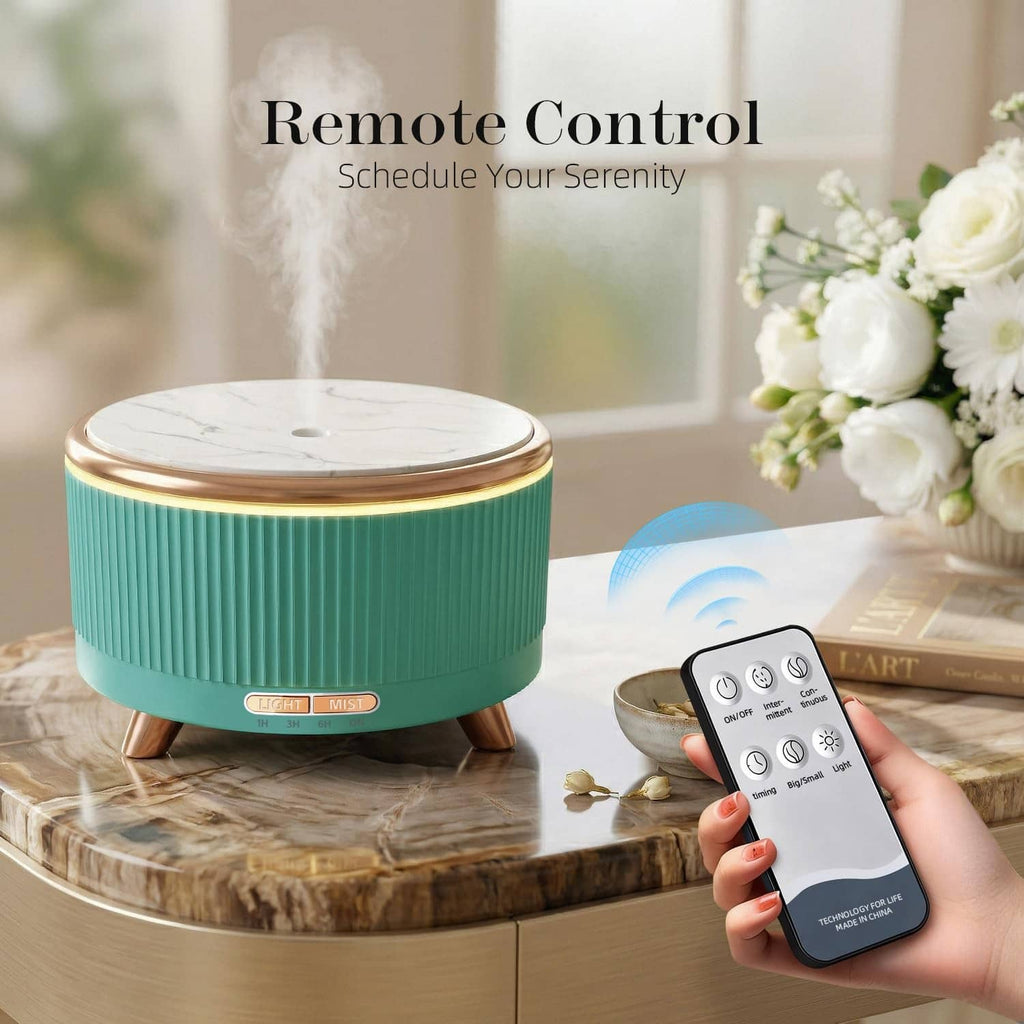 Emerald aqua diffuser with mist and marble top with remote control on tabletop