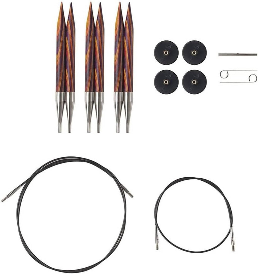Wood interchangeable knitting needle set with four multi-color tips, two circular cables and caps