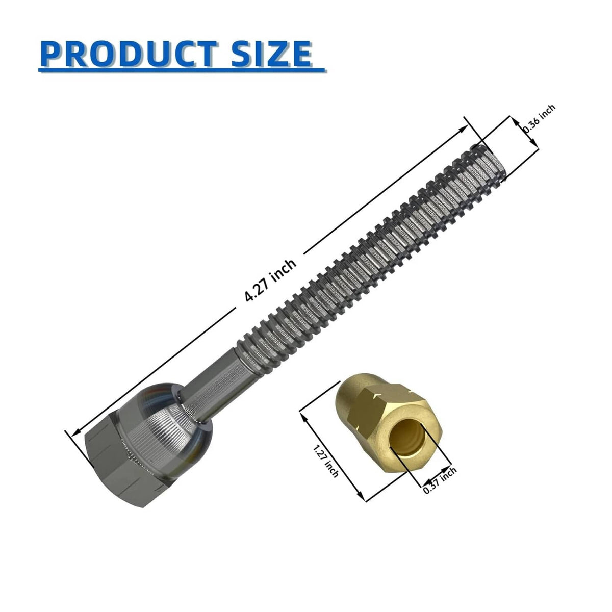 Brass coupling nut and ribbed bolt with hex ends, size reference shown