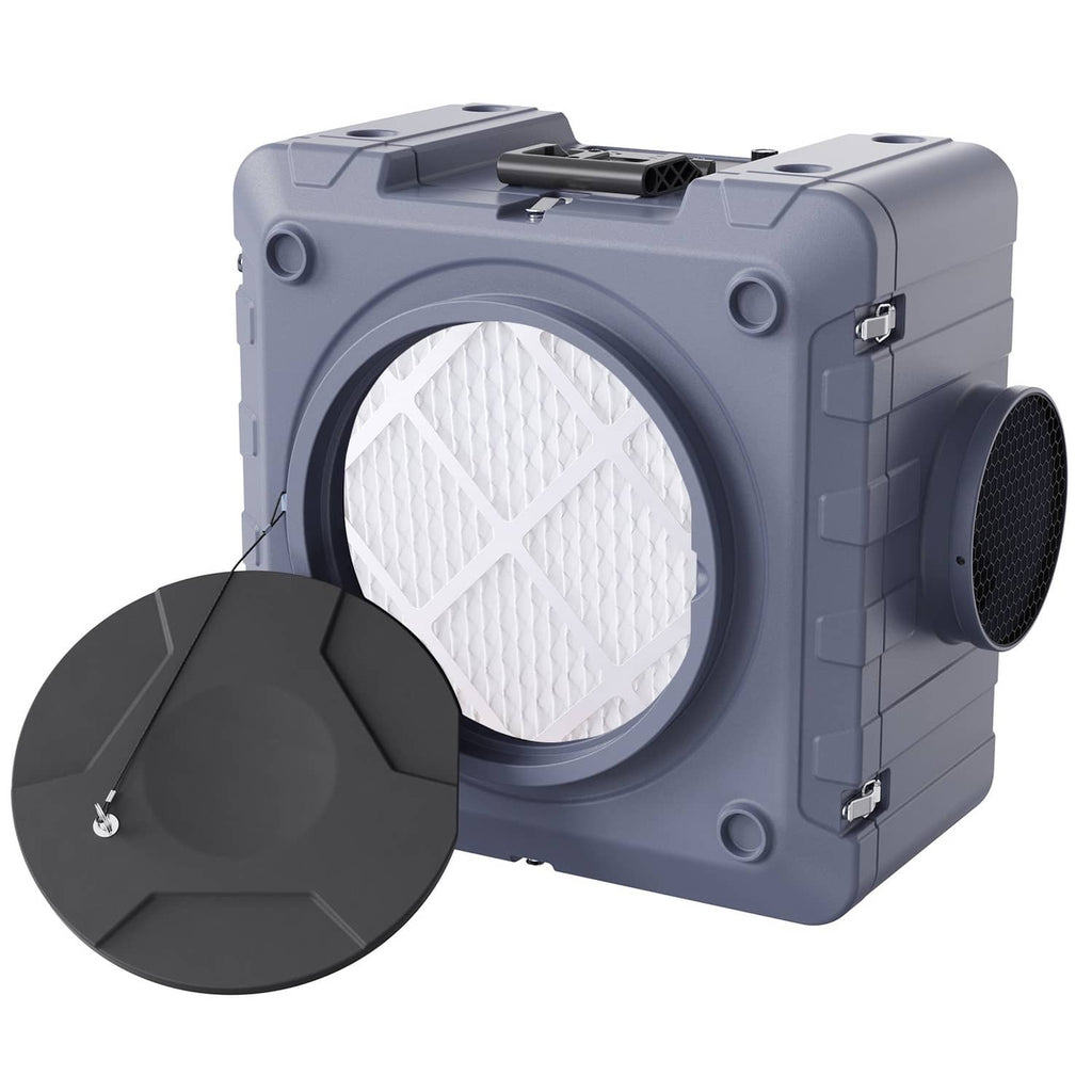 Gray negative air HEPA scrubber with circular filter window and removable top cover