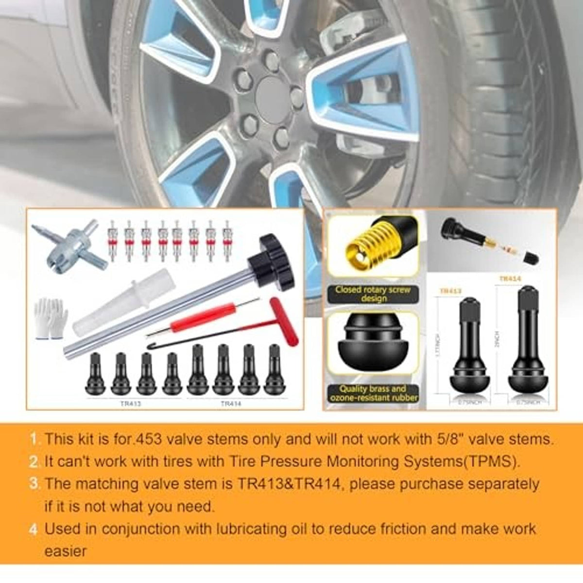 Tire valve tool kit with brass screw core and rubber seal, shown with valve parts