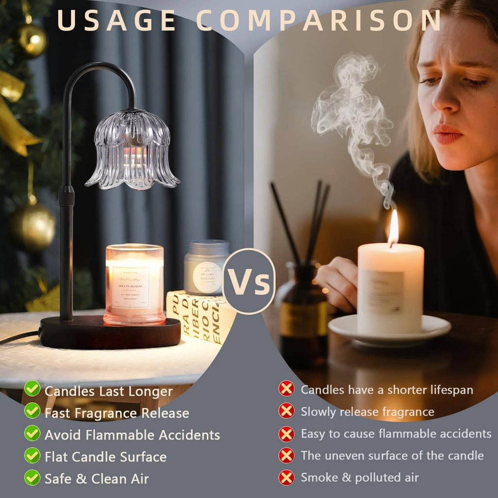 Black candle warmer lamp with ribbed glass shade warming a candle with soft flame
