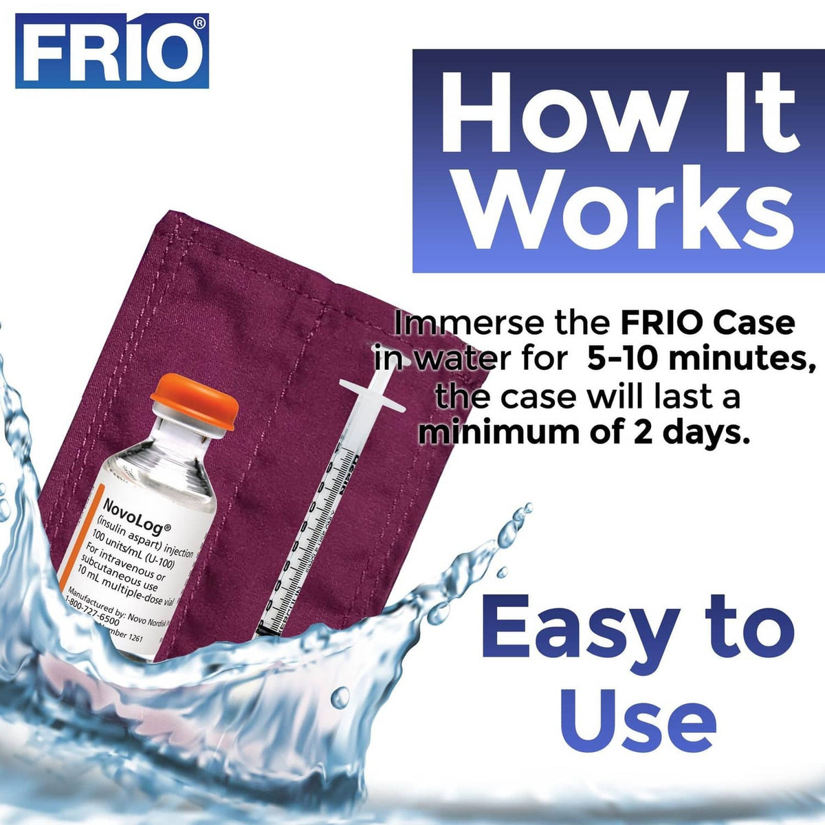 Purple FRIO cooling wallet with vial and thermometer, shown in water