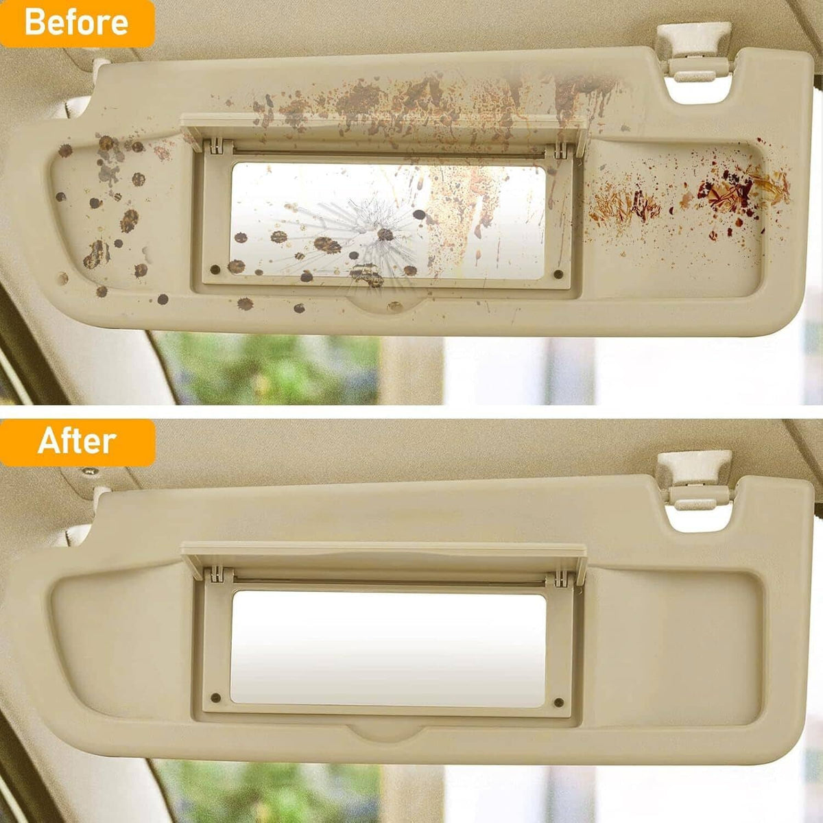 Beige sun visor before-and-after comparison with cleaner, blank window