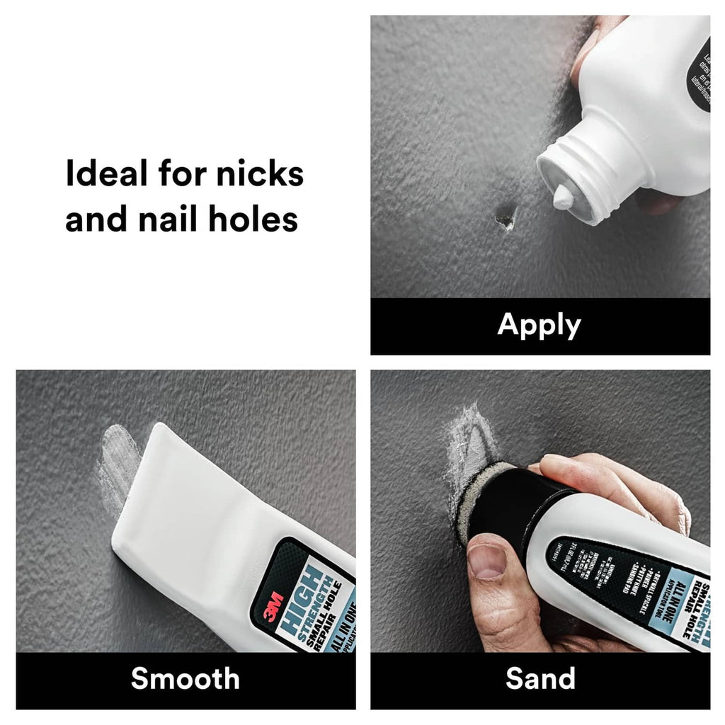 White repair applicator tool applying spackle; smooth and sand steps