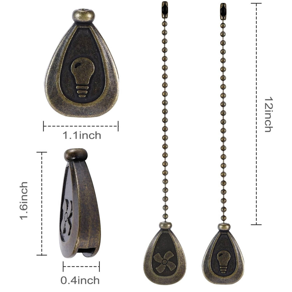 Dark bronze teardrop pull chain finial with beaded chain, size diagram