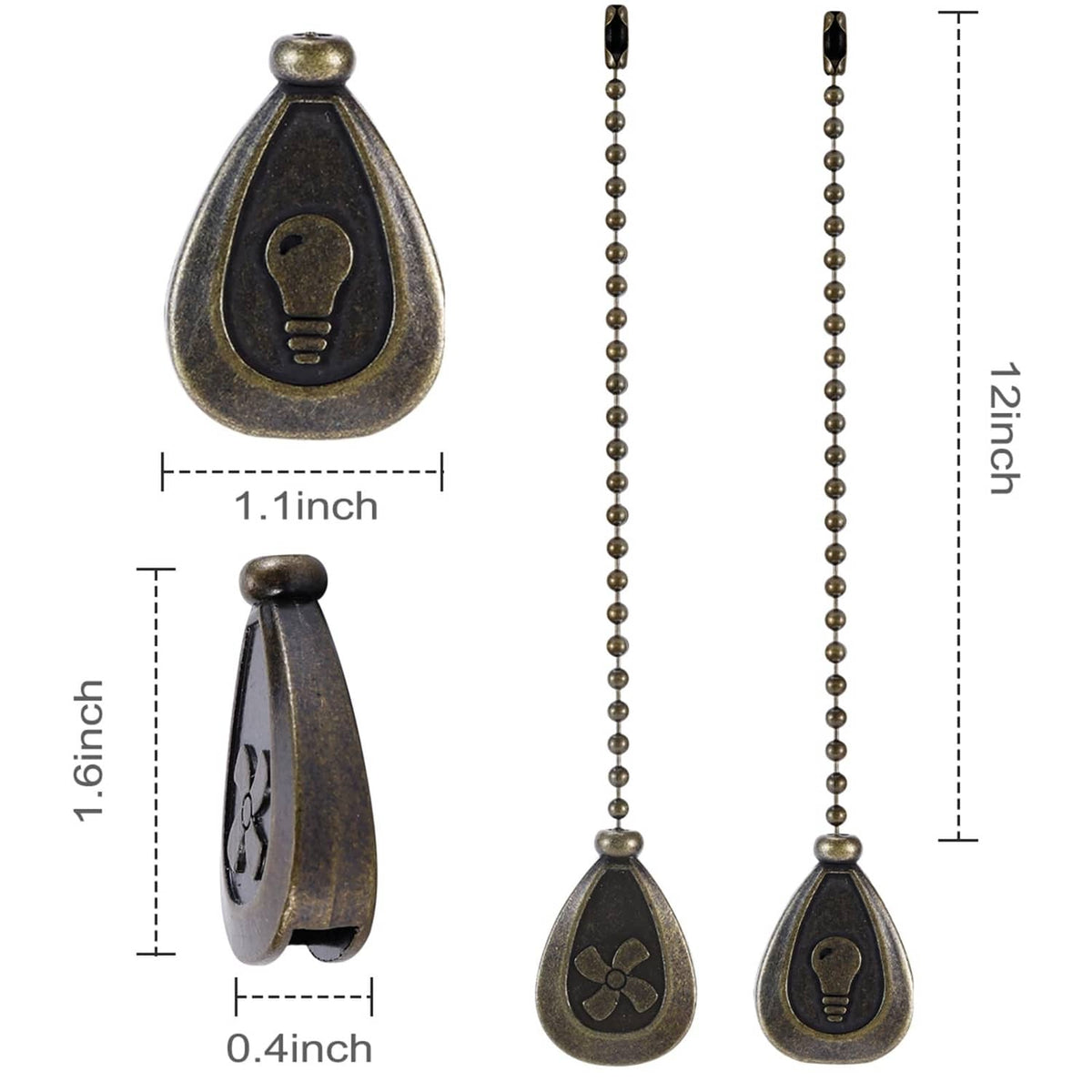 Dark bronze teardrop pull chain finial with beaded chain, size diagram