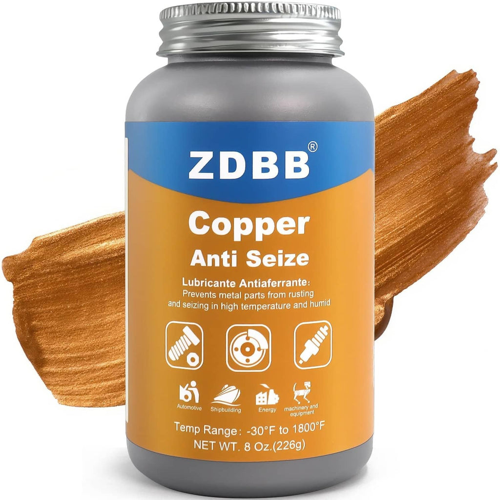ZDBB copper anti-seize paste, 8 oz bottle with metal cap and copper paste smear