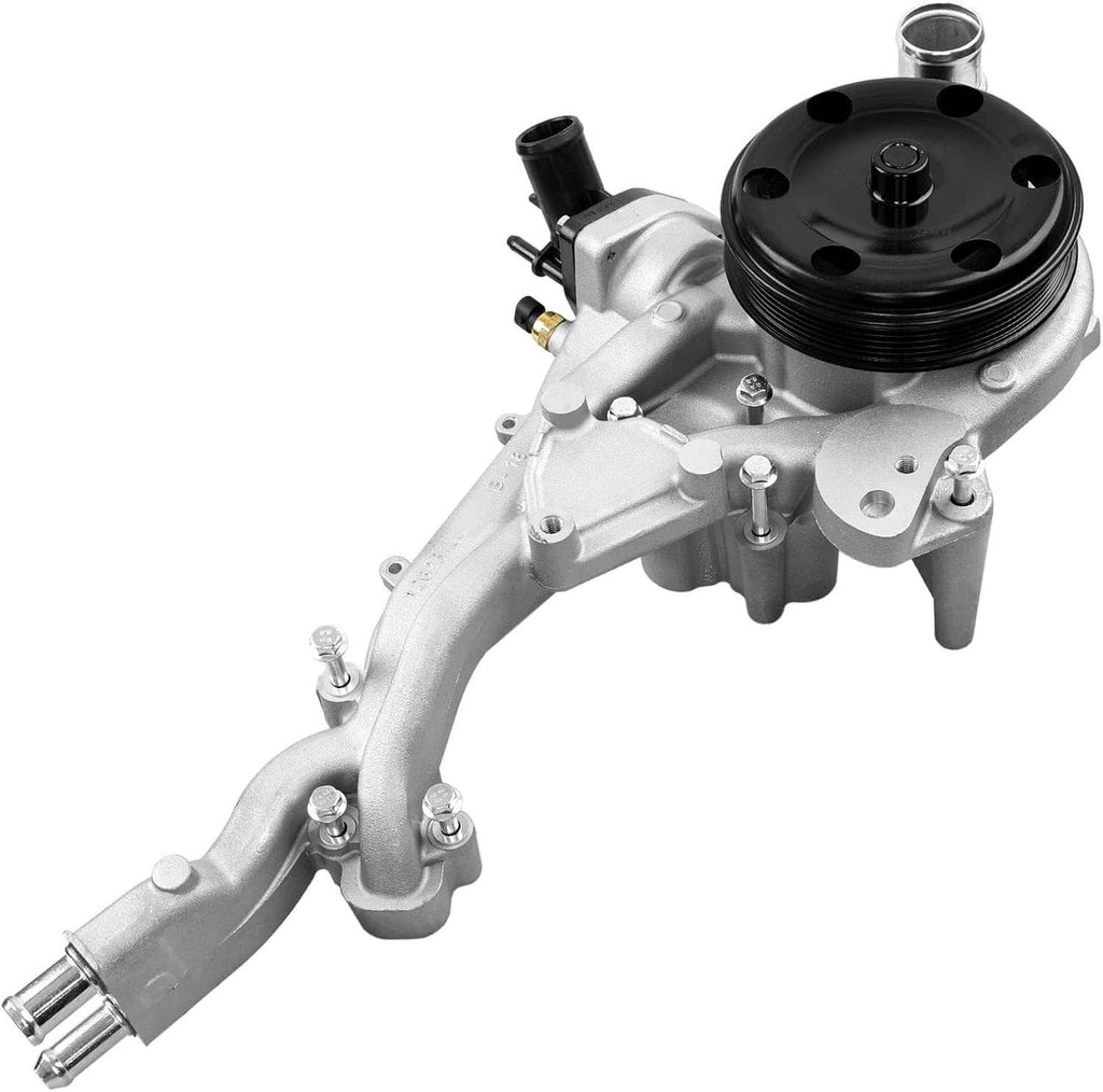 Water pump with thermostat, side view of metal housing and black pulley face