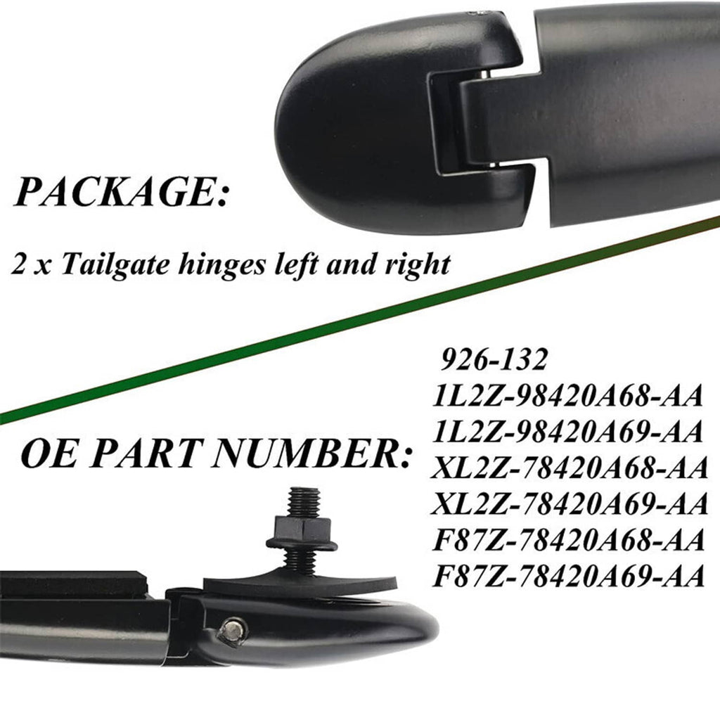 Black tailgate hinge with plastic latch cover and metal mounting screw
