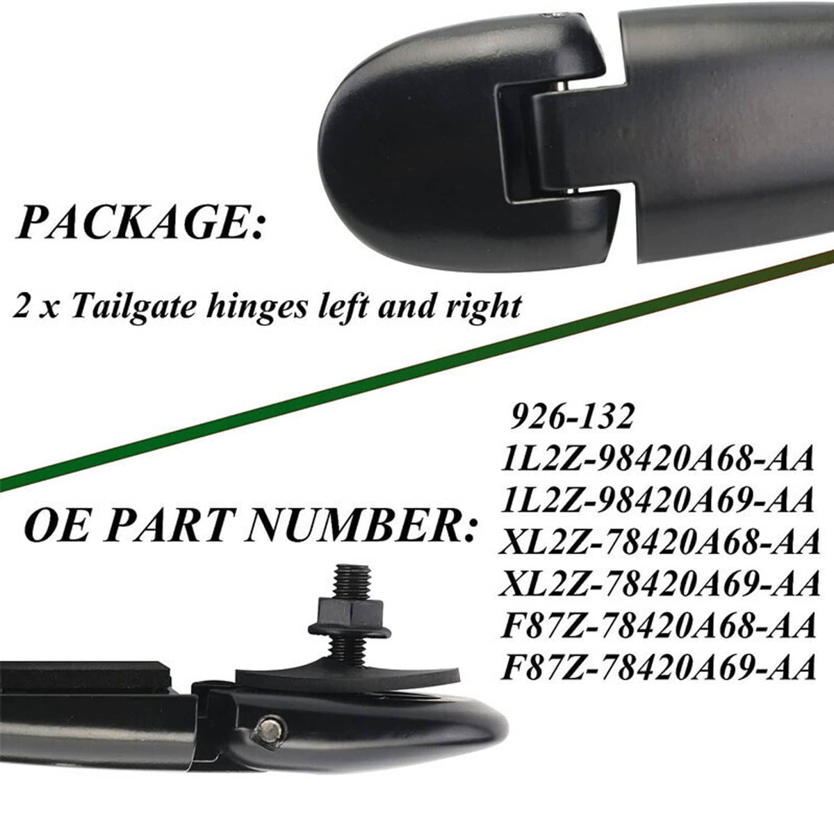 Black tailgate hinge with plastic latch cover and metal mounting screw