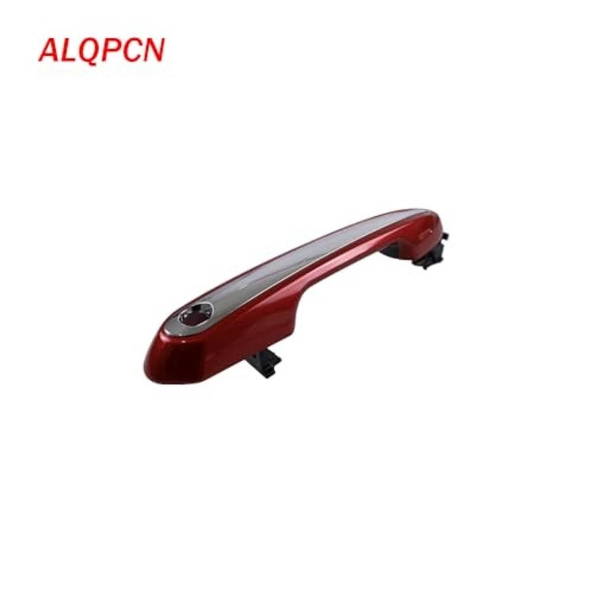 Red exterior door handle outer with silver oval insert and black mounting brackets